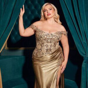 New Off Shoulder Sheath Plus Size Gown w/Floral Lace Applique & Leg Slit CDS537C